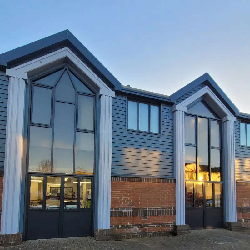 Commercial aluminium doors installed for a modern business property in Wales