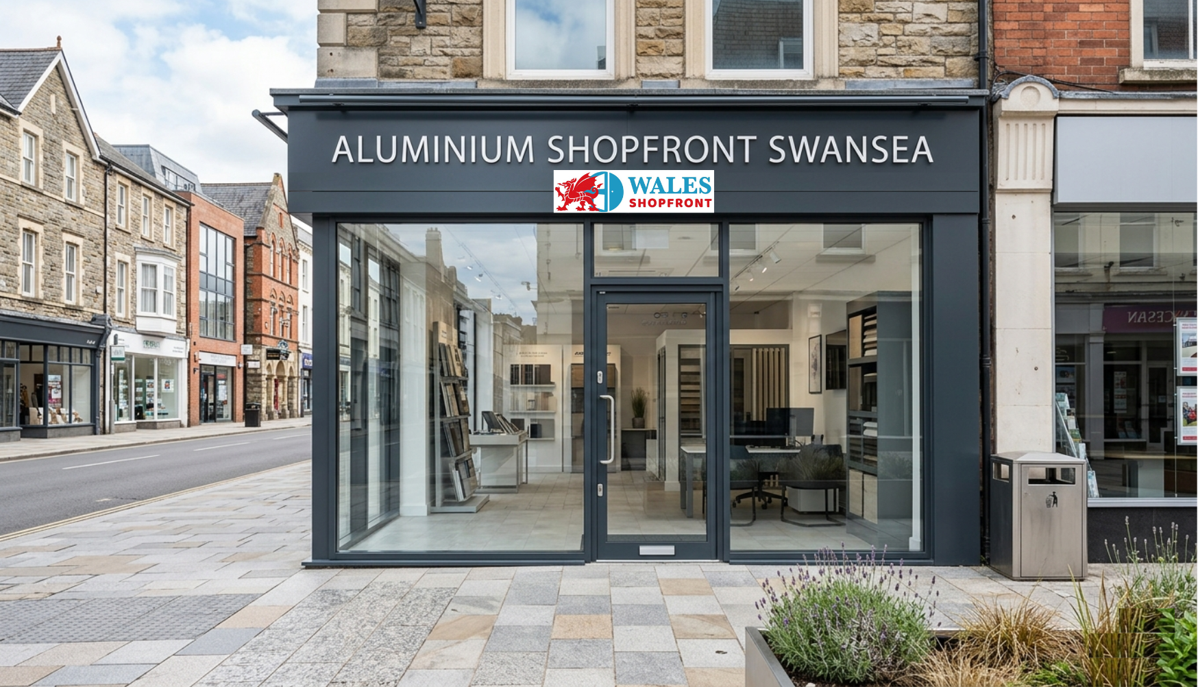 Aluminium Shopfront Swansea with modern glass frontage for a commercial business property