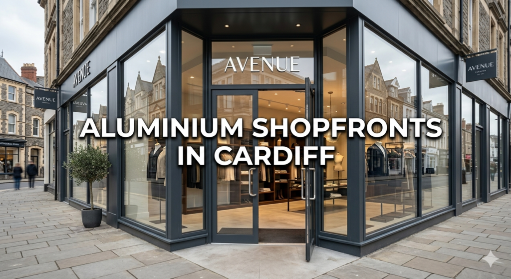 Aluminium shopfronts in Cardiff with modern glass windows and doors for commercial shops