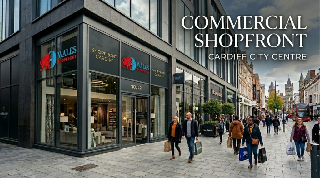 Modern commercial shopfront Cardiff City Centre with aluminium and glass frontage