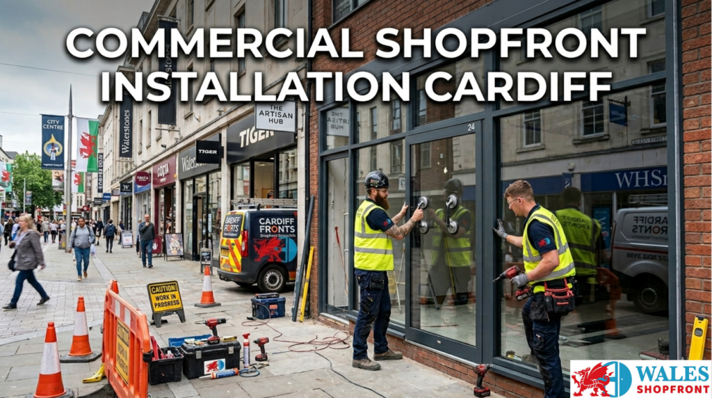 Team installing a commercial aluminium shopfront in Cardiff for a retail property