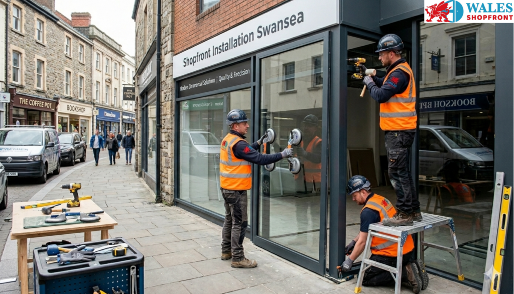Shopfront Installation Swansea with aluminium frame and glass frontage fitting service