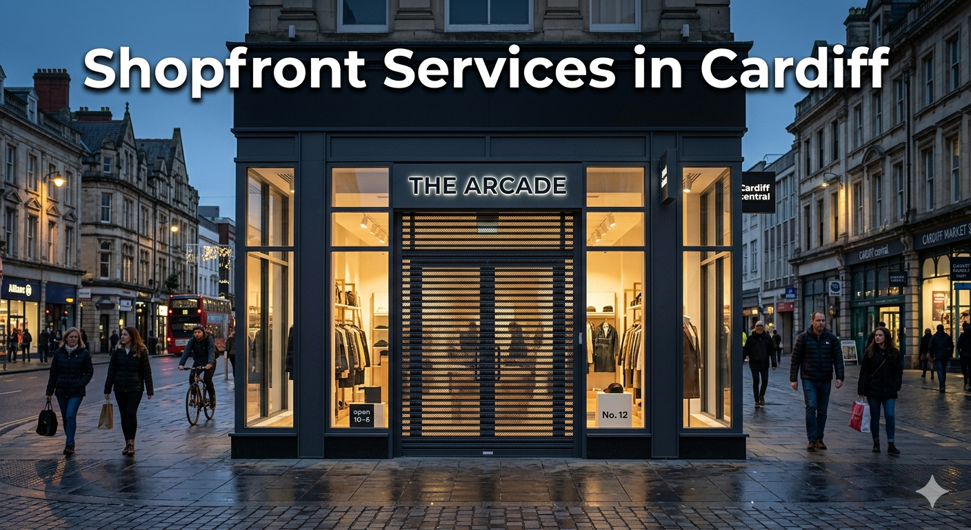 Shopfront services in Cardiff featuring a modern commercial shopfront with aluminium frame and secure roller shutters