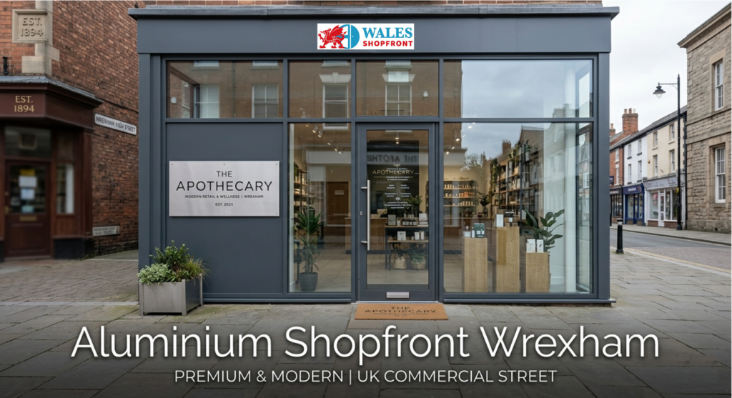 Aluminium shopfront in Wrexham with sleek glass panels and modern commercial design