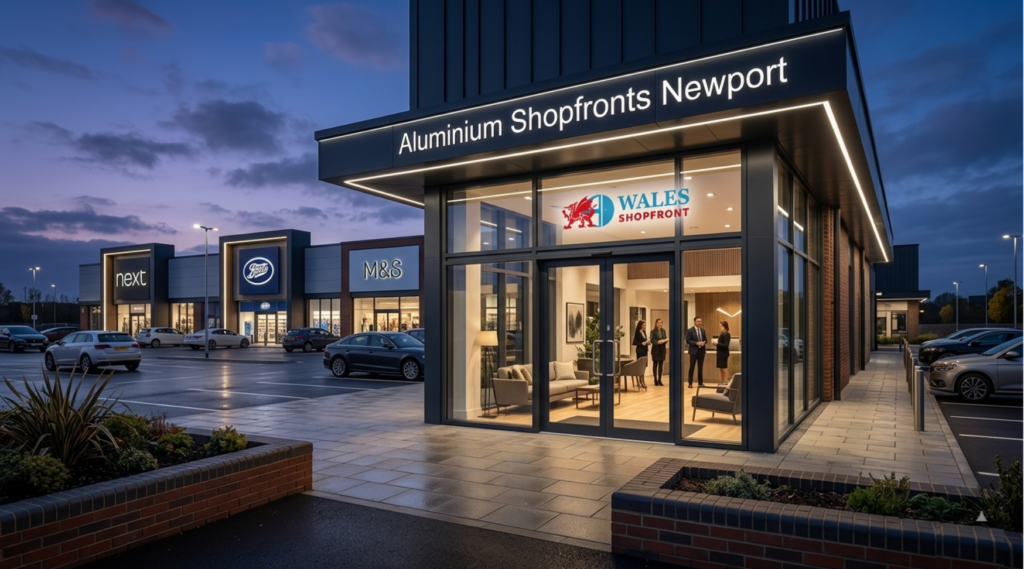 Modern aluminium shopfront installation for commercial property in Newport