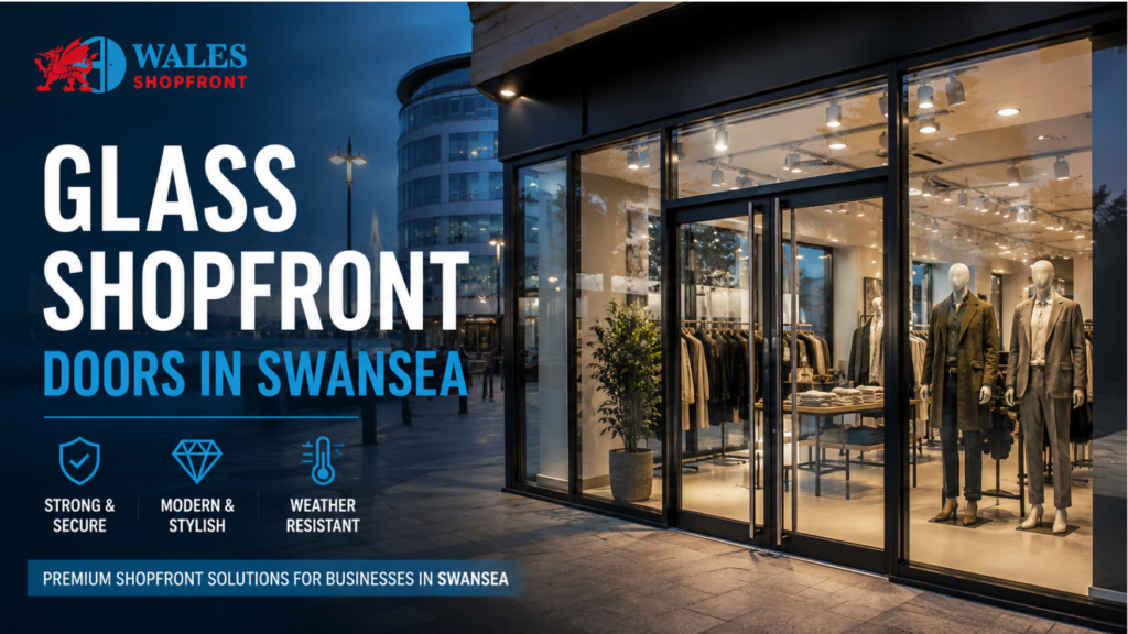 Modern glass shopfront doors in Swansea with stylish commercial storefront installation