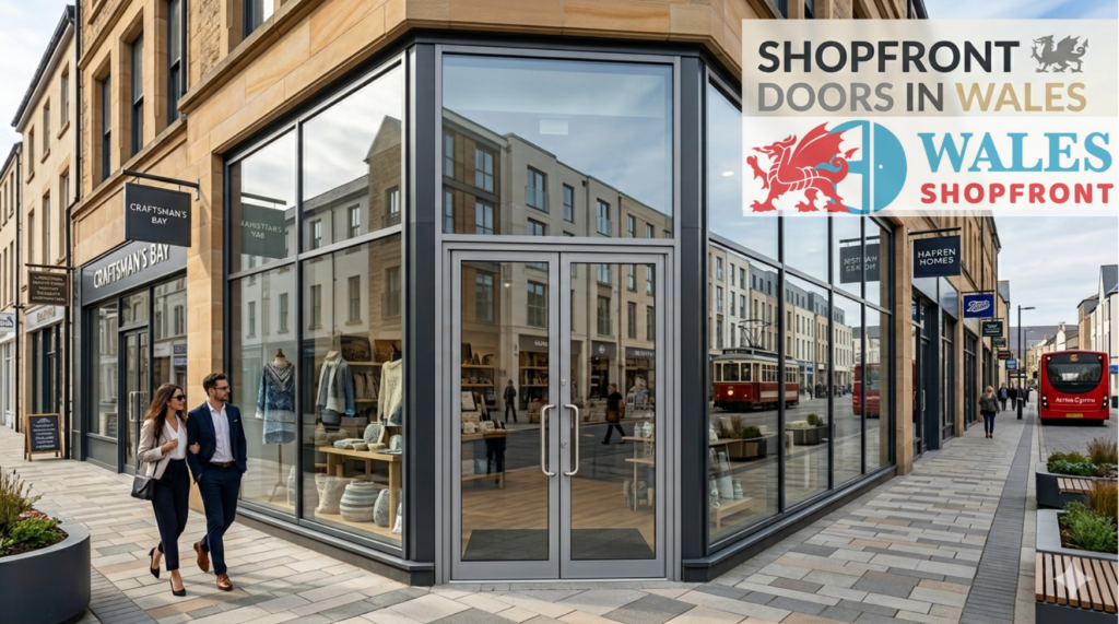 Modern glass and aluminium shopfront doors in Wales for commercial businesses and retail properties