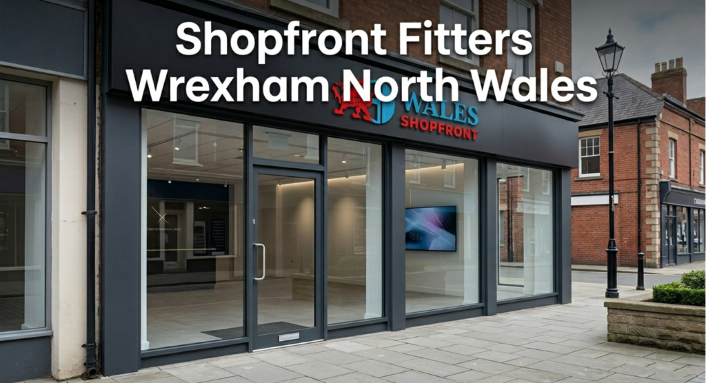 Professional shopfront fitters Wrexham North Wales installing a modern commercial shopfront