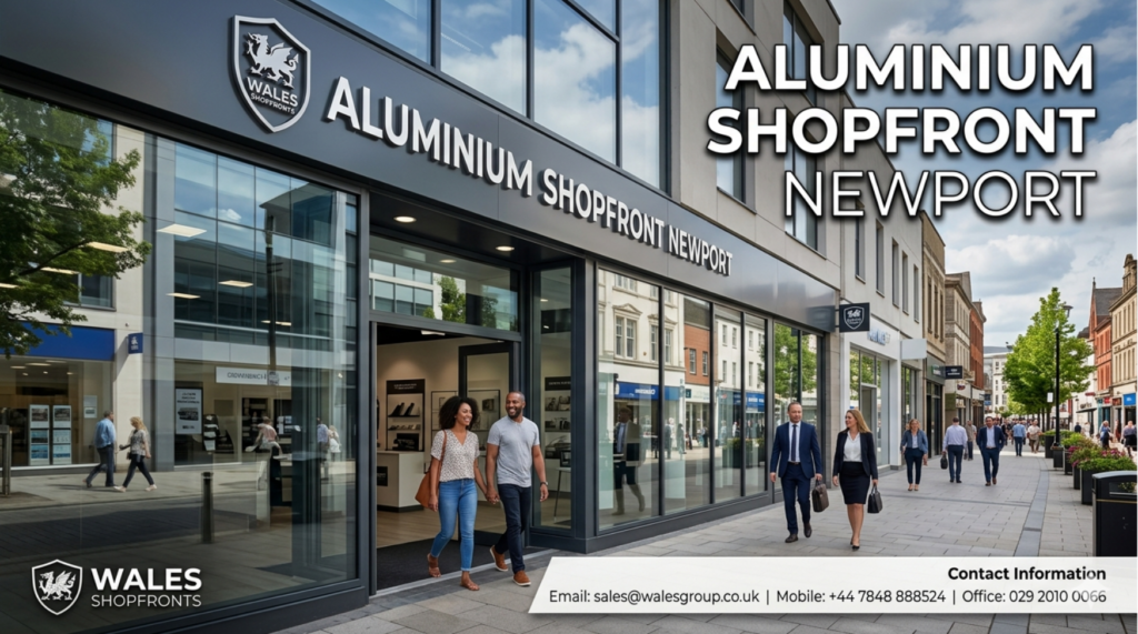 Aluminium Shopfront Newport installed for a modern commercial property with glass frontage and aluminium entrance doors