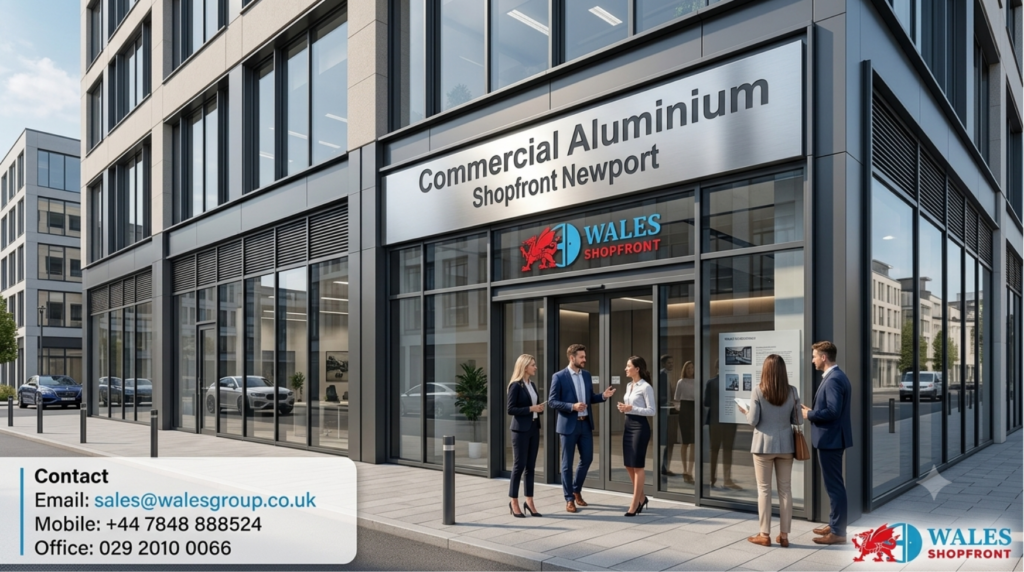 Commercial aluminium shopfront in Newport with modern glazing and professional business entrance design