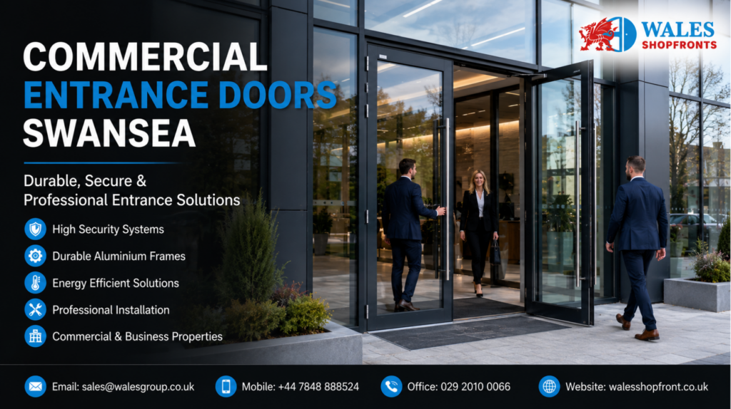Commercial entrance doors Swansea installed on a modern business property with aluminium and glass frontage