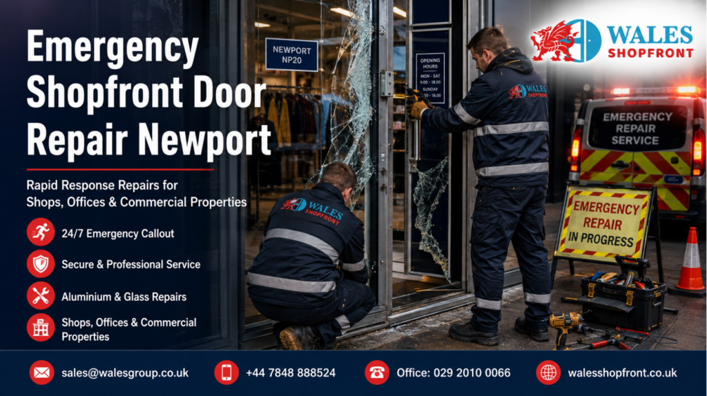 Emergency shopfront door repair Newport service in progress on a damaged commercial aluminium and glass entrance.