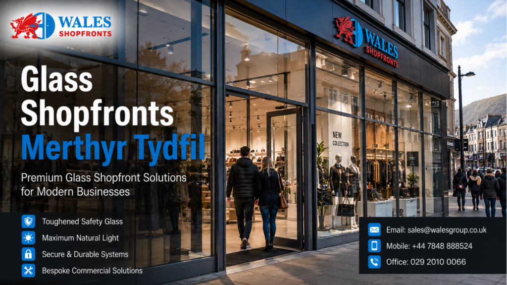 Premium Glass Shopfronts Merthyr Tydfil with toughened glazing and modern aluminium framing