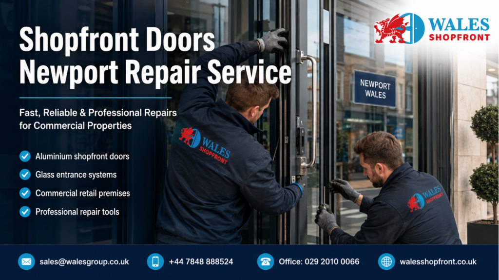 Professional technicians carrying out shopfront doors Newport repair service on a commercial aluminium and glass entrance in Newport.