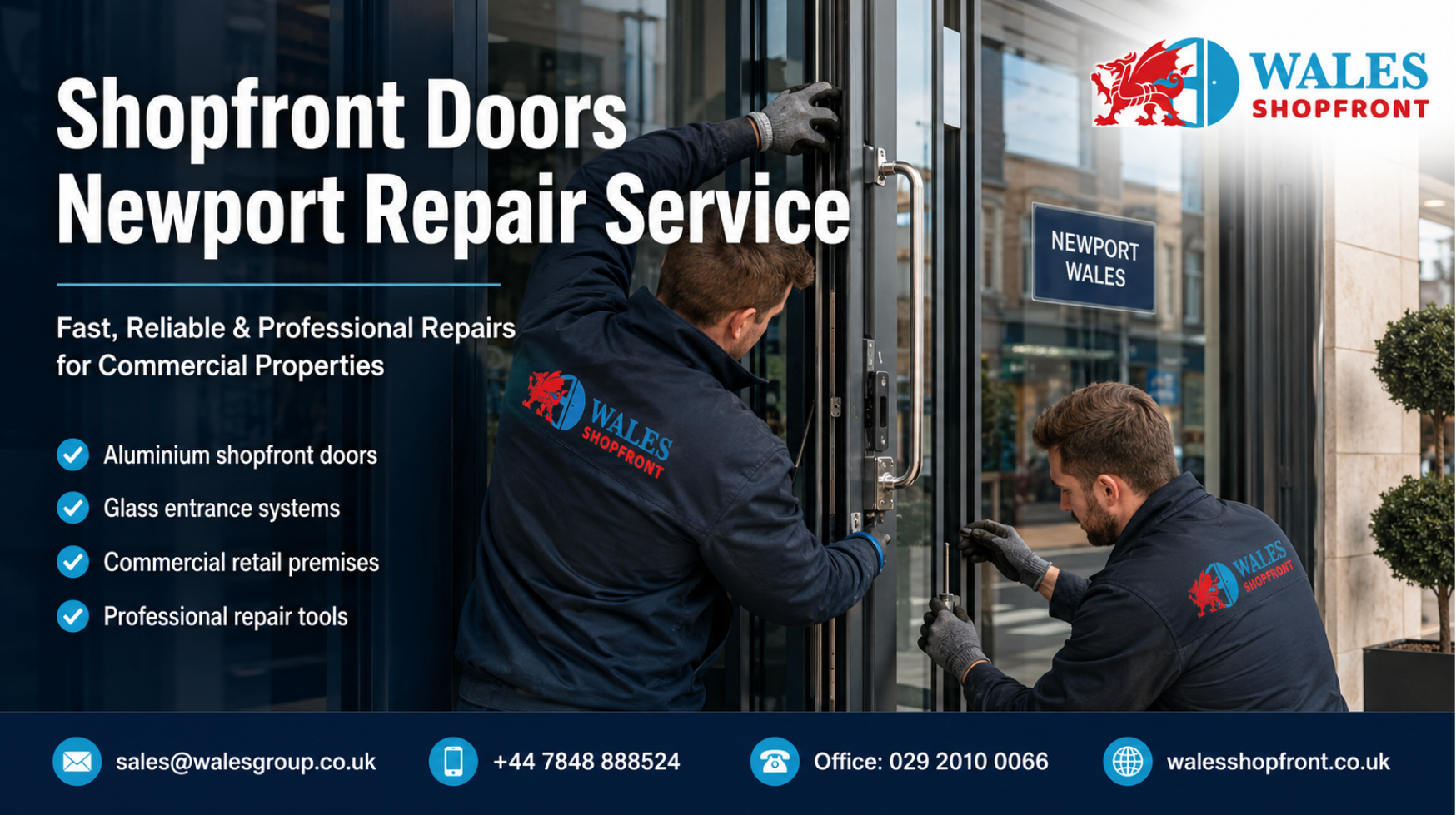 Professional technicians carrying out shopfront doors Newport repair service on a commercial aluminium and glass entrance in Newport.