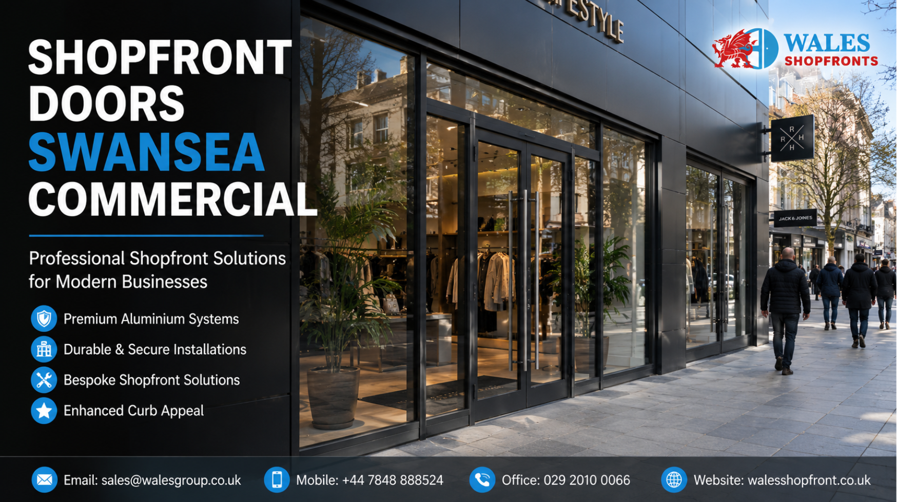 Modern shopfront doors Swansea commercial property featuring aluminium frames and glass entrance for a professional business appearance