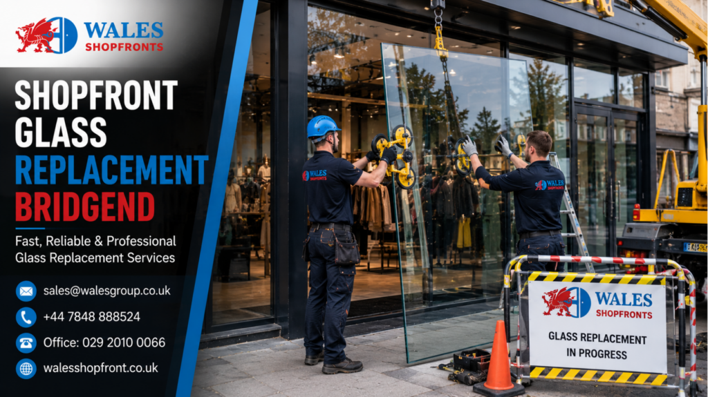 Shopfront Glass Replacement Bridgend project with technicians installing a new toughened glass panel in a commercial shopfront