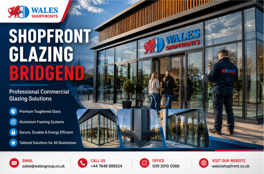 Professional Shopfront Glazing Bridgend service featuring a modern aluminium and glass shopfront for a commercial property