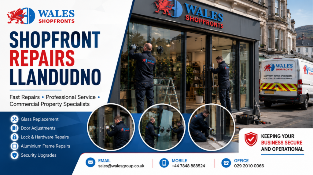 Professional Shopfront Repairs Llandudno including glass replacement, door adjustments, and commercial shopfront maintenance