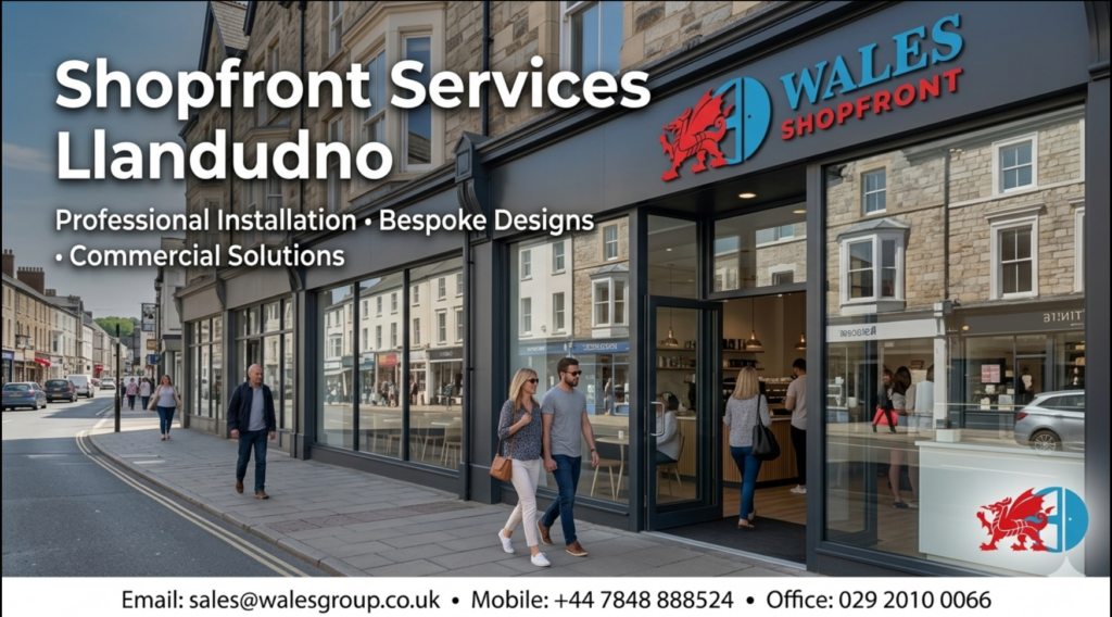 Professional Shopfront Services Llandudno featuring a modern aluminium and glass shopfront for a commercial property