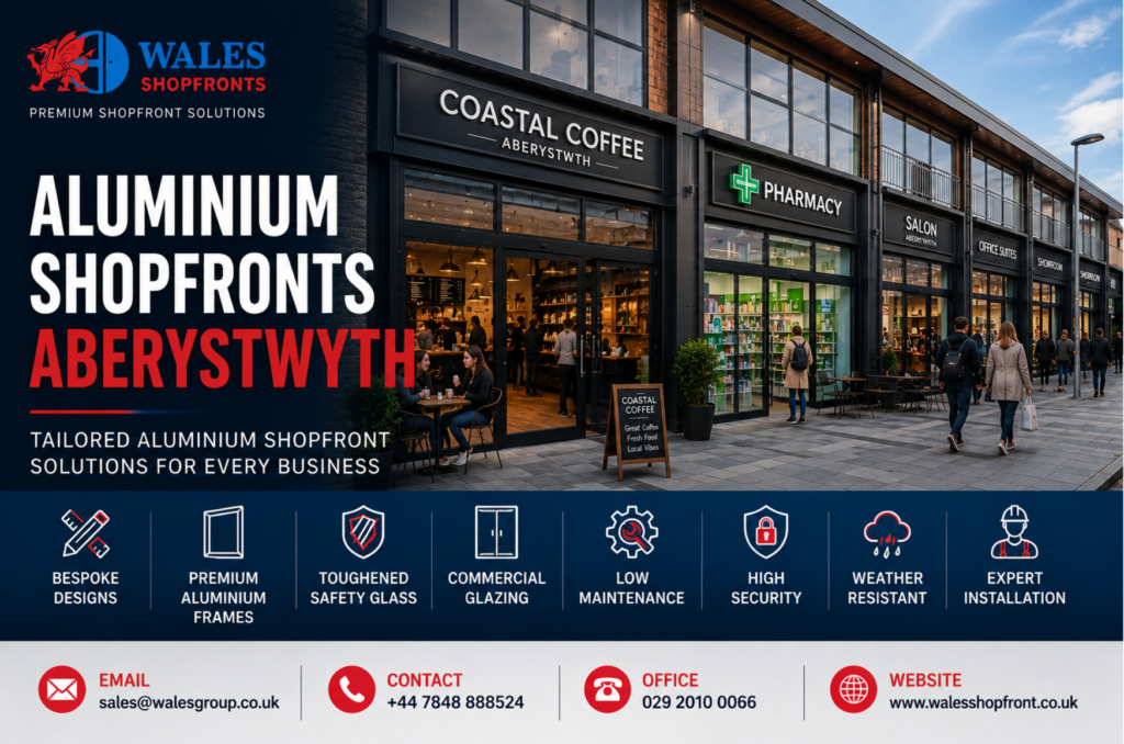 Modern Aluminium Shopfronts Aberystwyth professionally designed and installed by Wales Shopfronts for commercial businesses.