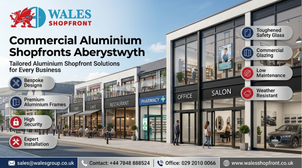 Commercial Aluminium Shopfronts Aberystwyth for retail shops, cafés, offices, salons, pharmacies, and other business premises.