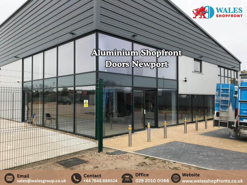 Aluminium shopfront doors with glass panels for a commercial entrance