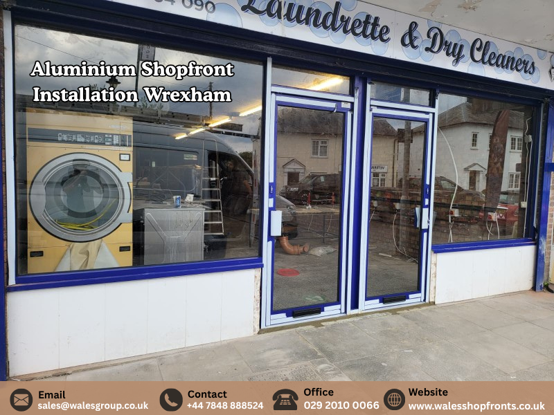 Aluminium shopfront installation in Wrexham with glazed panels and aluminium framing