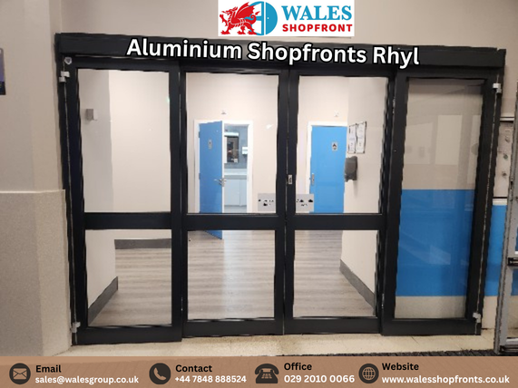 Aluminium shopfronts in Rhyl with glazed panels and modern commercial entrance doors.