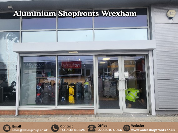 Aluminium shopfronts Wrexham with modern glass panels and aluminium framing