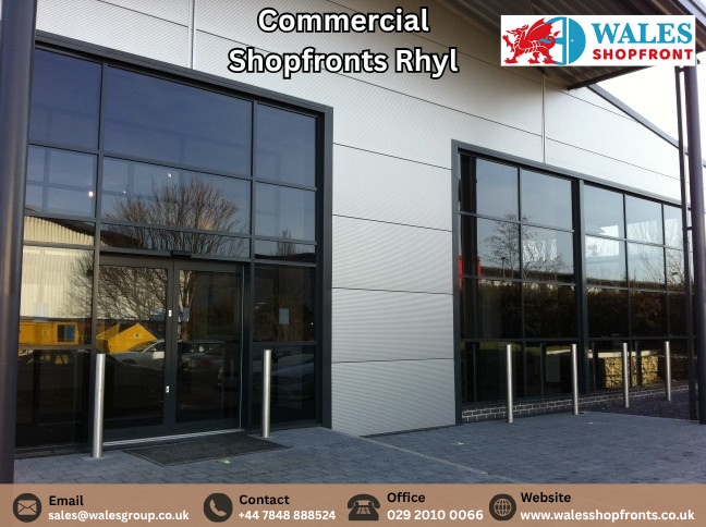 Commercial shopfronts Rhyl featuring modern aluminium framing and glazed entrance doors.