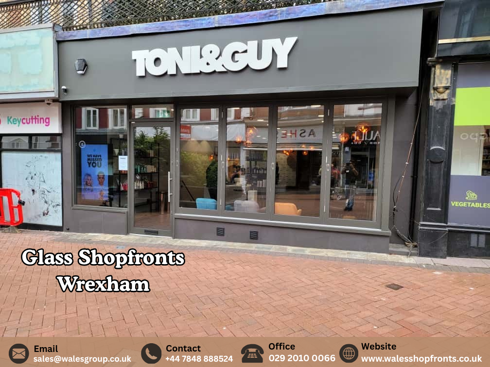 Glass shopfronts in Wrexham with clear glazing and aluminium frames
